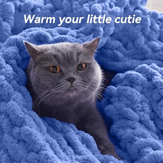 Chunky Knit Throw Blanket, 50''*60'' Knitted Throw Chenille Yarn for Bed Couch, Handmade Light Blue Crochet Big Thick Blanket, Machine Washable Cute Comfy Blanket for Home Decor-Ruum Studio Home