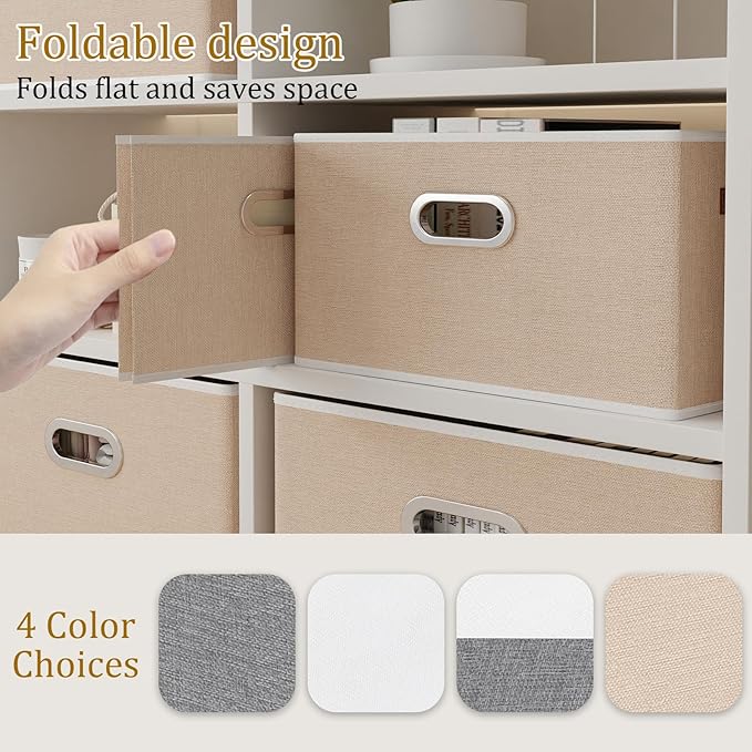 Yawinhe Foldable Storage Baskets for Shelves, Fabric Closet Organizers, Bins with 3 Handles, Cubes for Clothes, Beige, 15''Lx9.8''Wx8.3''H, 6-Pack-Ruum Studio Home