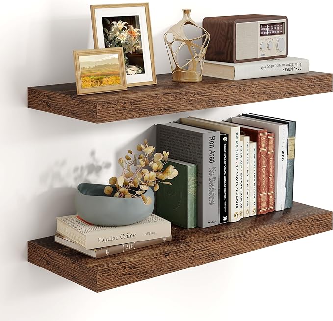 Heimlove 24 inch Floating Shelves for Wall,9.3 inch deep Brown Bathroom Over Toilet Shelf,Wall Mounted Rustic Wood Shelves for,Bedroom,Living Room,Kitchen,Office Decor Set of 2-Brown-Ruum Studio Home