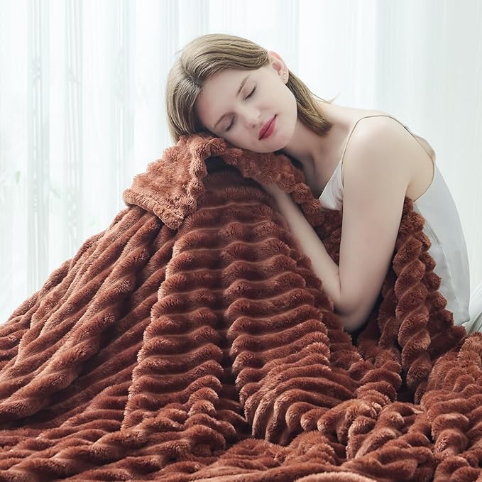 NEWCOSPLAY Super Soft King Blanket Coffee Premium Silky Flannel Fleece 3D Ribbed Jacquard Lightweight Bed Blanket All Season Use (Coffee Ribbed, King(90"x110"))-Ruum Studio Home