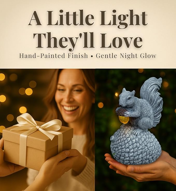 Solar Garden Statue – Hand-Painted Resin Squirrel on Pinecone with Glowing LED Acorn – Charming Yard, Patio & Balcony Decor – Gift for Mom, Grandma & Garden Lovers-Ruum Studio Home