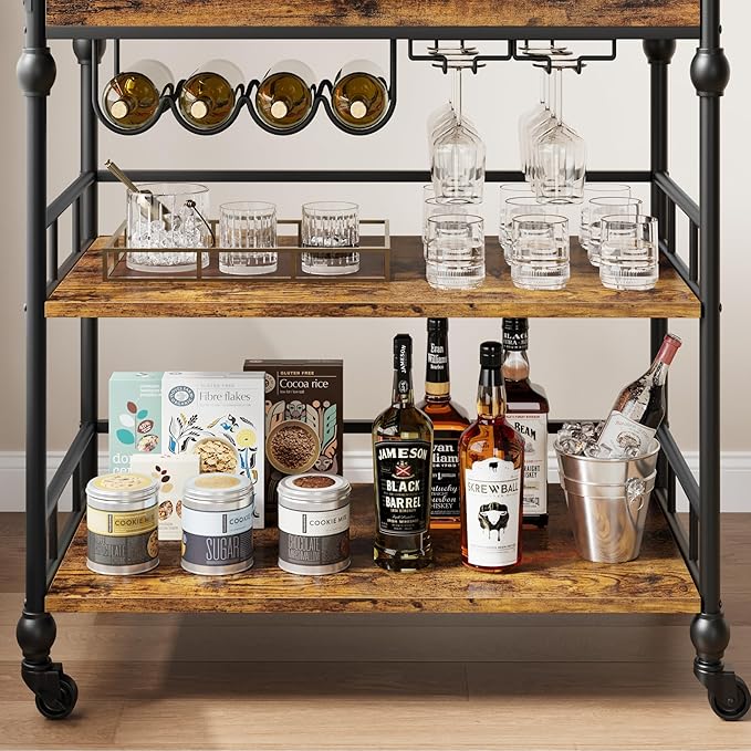 Bar Cart, Bar Carts for The Home, 3 Tier Serving Cart with Wheels, Home Bar & Serving Carts, Metal Rolling Cart with Wine Rack & Removable Tray for Kitchen, Dining Room, Living Room-Retro Brown-Ruum Studio Home