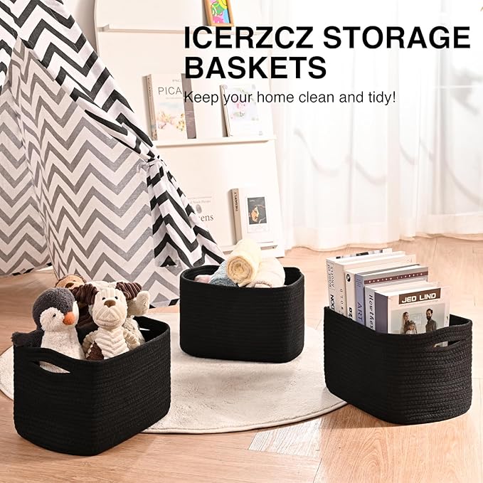 Black Storage Baskets for Shelves, Small Storage Baskets for Organizing, Woven Cotton Rope Baskets for Storage, Book Basket, Decorative Shelf Basket, 12.5"Lx9.1''Wx7.9''H (4 Packs) Black-Ruum Studio Home