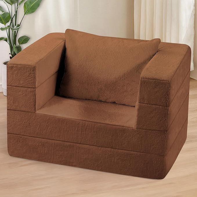 Folding Bean Bag Chair for Adults,3-in-1 Bean Bag Couch Faux Fur Floor Sofa Large Beanbag Convertible Bean Bag Sofa Bed with Pillow in Bedroom,Living Room,Apartment(Twin,Caramel)-Ruum Studio Home
