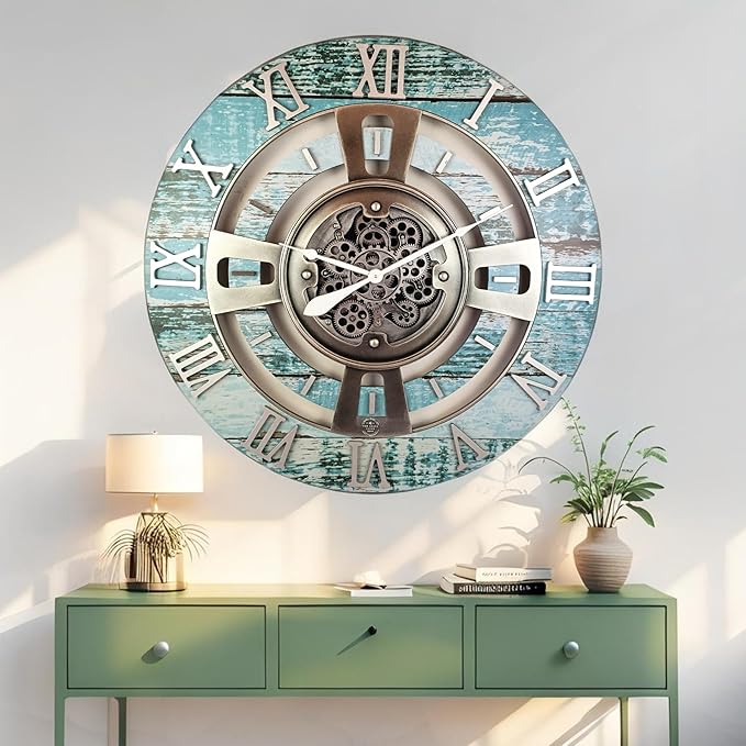 The Gears Clock Real Moving Gear Wall Clock England Line (Aqua Green, 24 inches (60 cm))-Ruum Studio Home