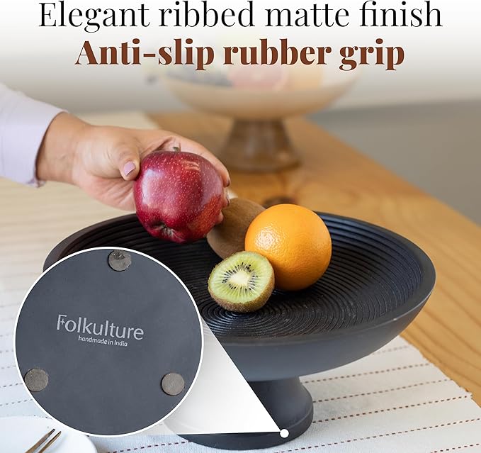 Folkulture Wooden Fruit Bowl for Kitchen Counter | 12" Large Premium Eco Friendly Banana Fruit Basket for Kitchen | Black Wood Bowl with Holder, Pedestal for Table Decor, Centerpiece for Dining Table-Ruum Studio Home
