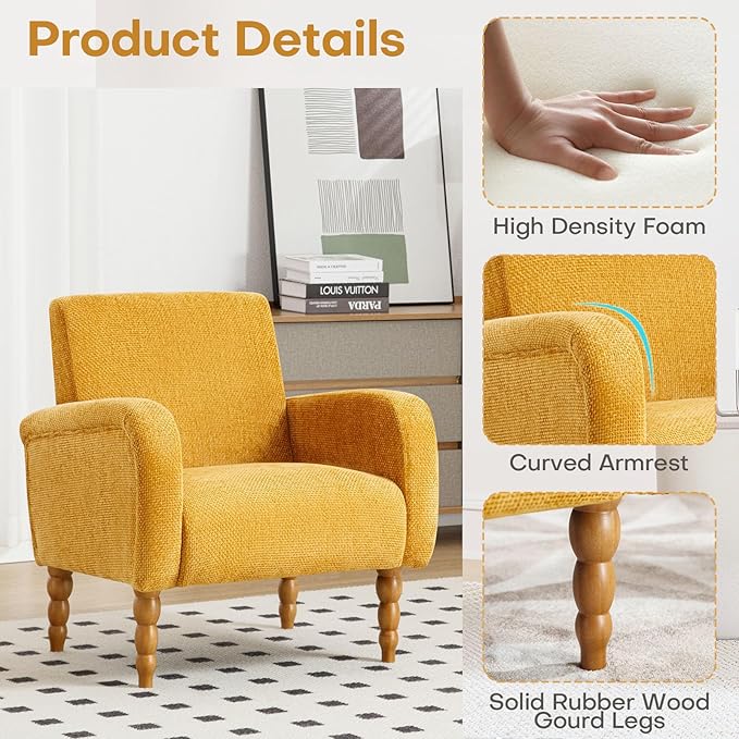 Chenille Fabric Accent Chairs Set of 2, Upholstered Armchair with Solid Wood Legs, Modern Living Room Accent Chair, Comfy Single Sofa Reading Club Chair for Bedroom Reception Lounge, Yellow-Ruum Studio Home