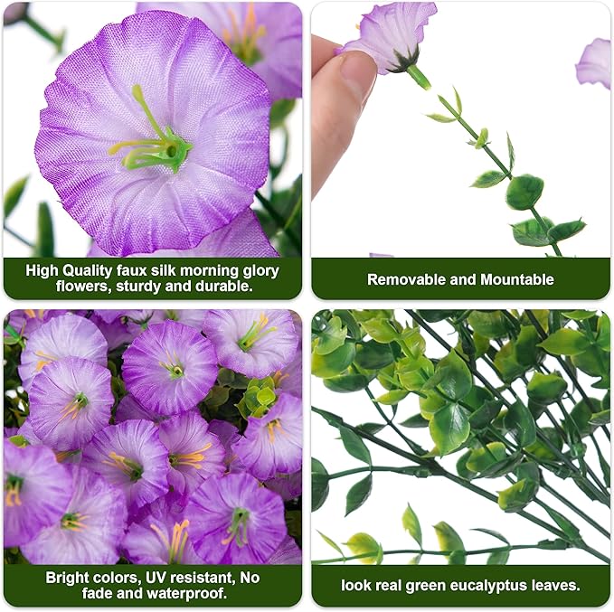 Artificial Flowers for Outdoors Fake Plants Outside Decoration, 12 Bundles Silk Purple Morning Glory UV Resistant Look Real Faux Flowers for Planter Front Door Porch Patio Yard Gardens Home-Ruum Studio Home