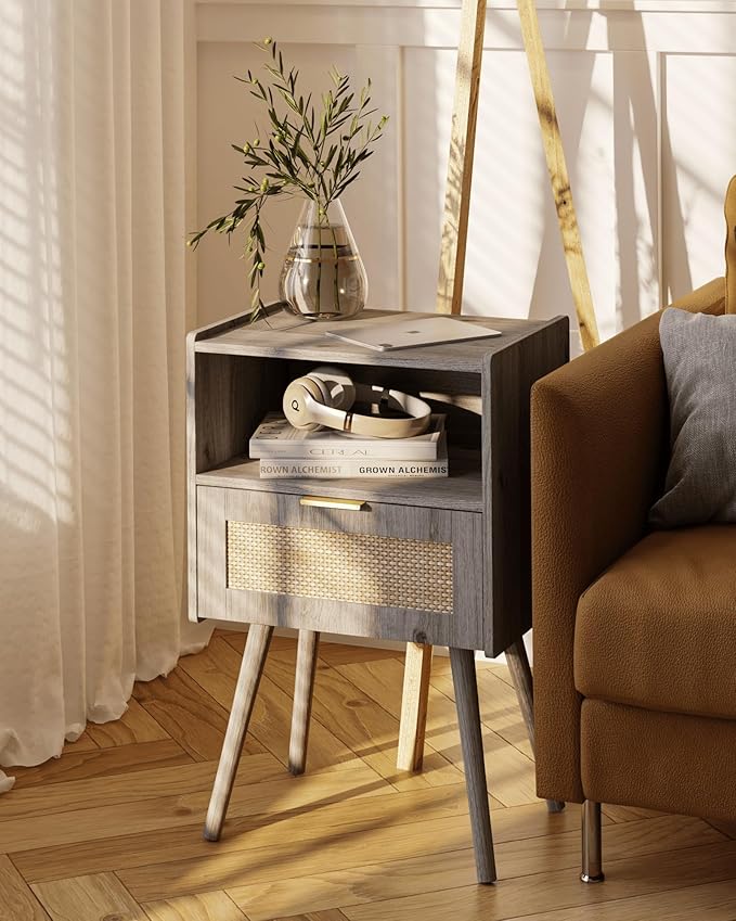 Rattan Nightstand,Modern Bedside Table with Storage Drawer and Open Wood Shelf, for Living Room, Bedroom and Small Spaces, Accent Night Stand with Solid Wood Legs, Easy Assembly(Grey Oak)-Ruum Studio Home