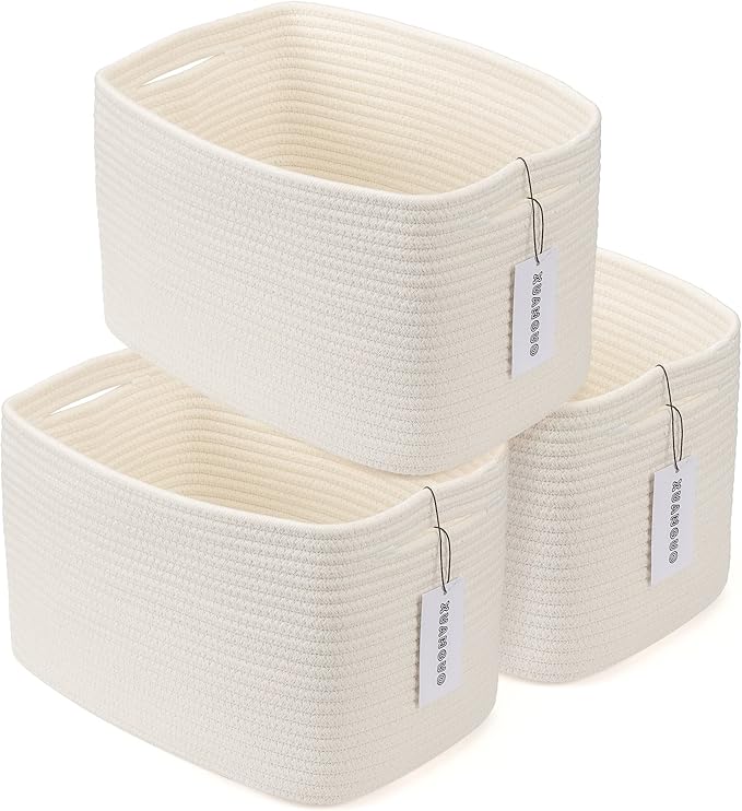 Cotton Rope storage Basket Bins Woven Basket for Organizing Shelves Rectangle Decorative Baskets For storage Clothes Toys Books Towels Square Wicker Nursery basket organizer 3 pack white-Ruum Studio Home
