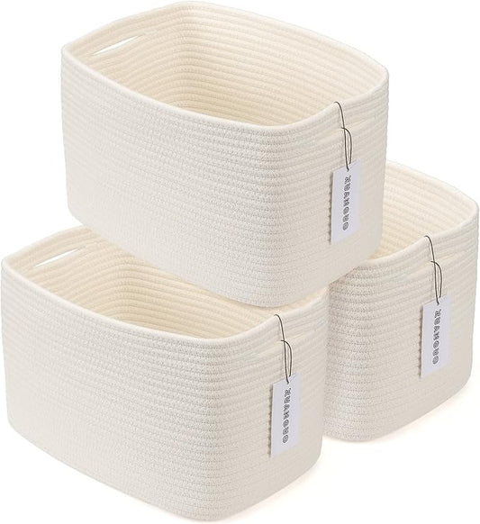 Cotton Rope storage Basket Bins Woven Basket for Organizing Shelves Rectangle Decorative Baskets For storage Clothes Toys Books Towels Square Wicker Nursery basket organizer 3 pack white-Ruum Studio Home