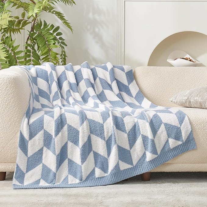 Snuggle Sac Chevron Throw Blanket for Couch, Reversible Super Soft Warm Blankets Cozy Knit Fuzzy Plush Lightweight Throws for Sofa, Bed, Camping, Blue, 50x60 inches-Ruum Studio Home