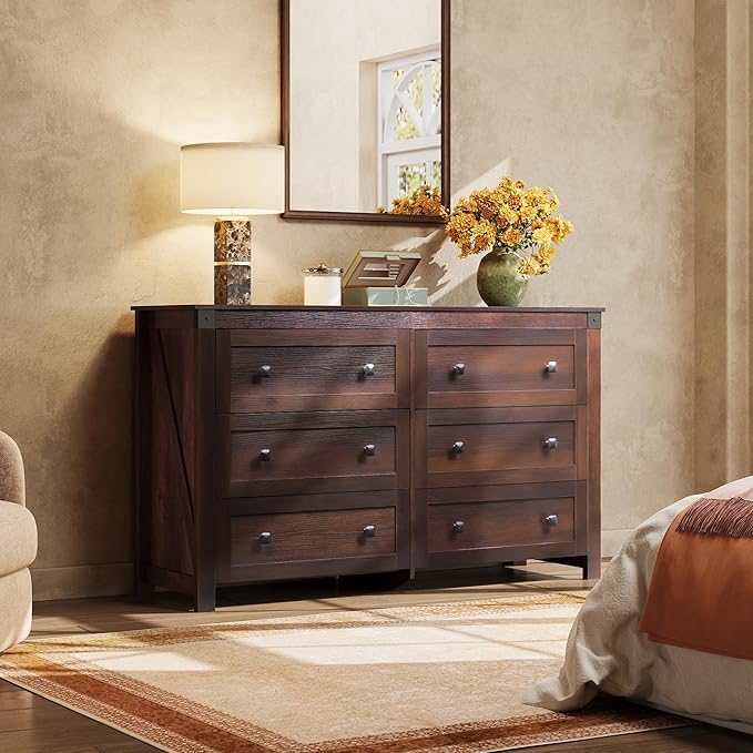 WLIVE Farmhouse 6 Drawer Dresser for Bedroom, 53.07'' Wide Wood Dresser, Storage Organizer with Double Rustic Handle, TV Stand for 60 inch TV, Chest of Drawers for Living Room, Hallway, Brown-Ruum Studio Home