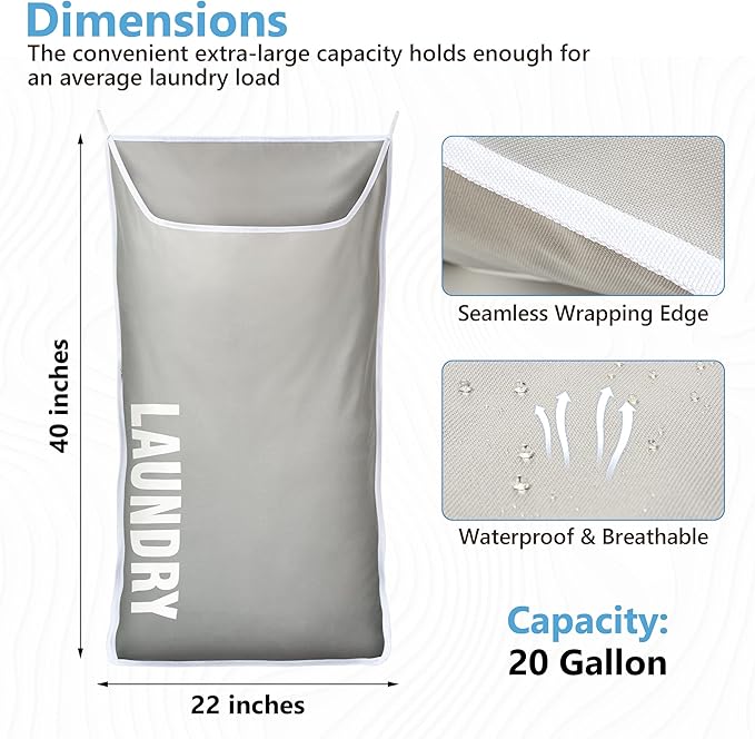 Hanging Laundry Hamper Bag XL 40x22", Space Saving over the Door Storage Bags, Behind the Door Hampers for Dirty Clothes & Wall Mounted Basket for Bathroom, Organizer for Small Room Spaces RV-Ruum Studio Home