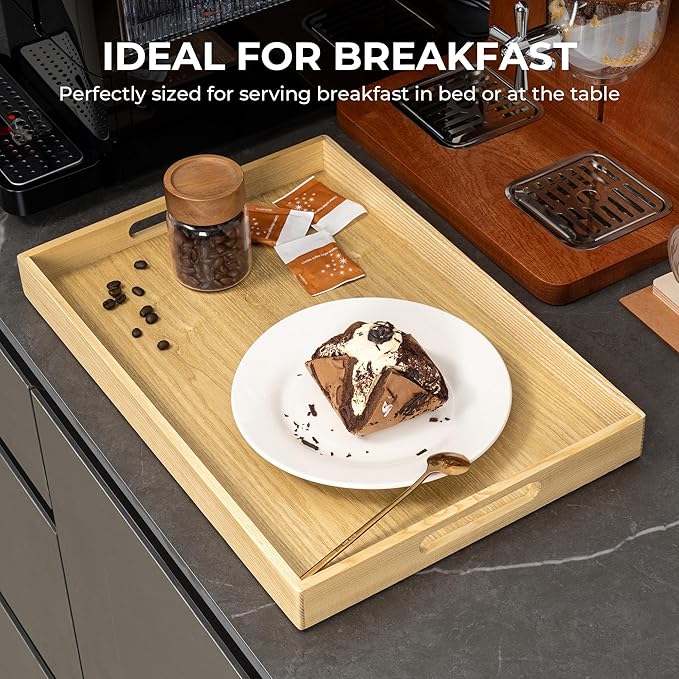 Axeman Wooden Serving Tray with Wood Handles|Ottoman Tray for Breakfast, Bed, Couch|17x12in Ash Wood Coffee Table Trays|Food Drinks Decorative Storage Boards for Ottoman Kitchen, Natural-Ruum Studio Home