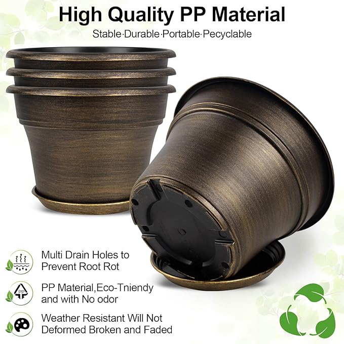 Plant Planters Pots Set of 6 Pack 6 Inch, Plastic Flower Pot for Indoor Plants with Drainage Holes & Trays, Resin Decorative Container Sets with Saucer for House Outdoor Garden Planters Dark Gold-Ruum Studio Home