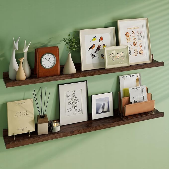 Floating Picture Ledge Shelves 48 Inch Solid Oak Wood Set of 2, Rustic Wall Storage Shelves with Lip, Kids Bookshelf, Photo & Picture Ledge Shelves for Bedroom, Living Room, Kitchen-Ruum Studio Home