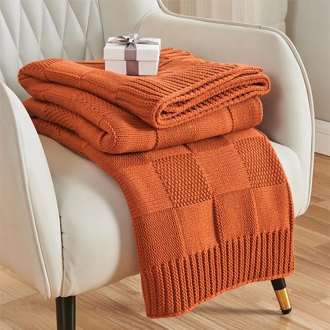 CozeCube Check Knit Throw Blanket, Rust Orange Checkered Throw for Couch, Decorative Christmas Soft Cozy Warm Knitted Blanket for Bed Sofa Living Room, 60"X80"-Ruum Studio Home