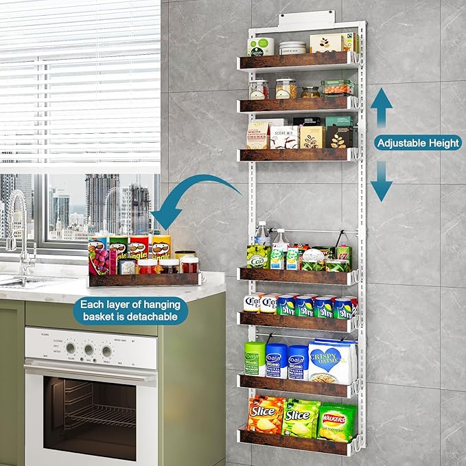 bukfen Over the Door Pantry Organizer, 8-Tier Adjustable Wooden Basket Kitchen Pantry Door Organization and Storage, 2 in 1 Wall Mount or Hanging Heavy-Duty Metal Hanging Kitchen Spice Rack,White-Ruum Studio Home