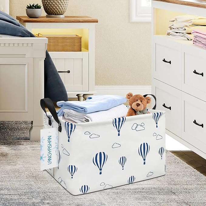 LANGYASHAN Rectangular Storage Bin Collapse Canvas Fabric Cartoon Storage Basket with Handles for Organizing Home Kitchen Boys and Girls Toys Office Closet Shelf Baskets (Rec Blue Balloon)-Ruum Studio Home