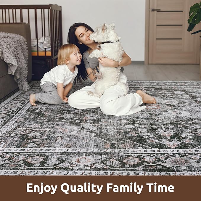 AMOAMI-Area Rug 5X7 Rugs for Living Room-Vintage Soft Black Rugs for Bedroom-Non Slip Carpet-Machine Washable Rug for Dining Room Living Room Bedroom Office Under Table Dark Grey & Black-Ruum Studio Home