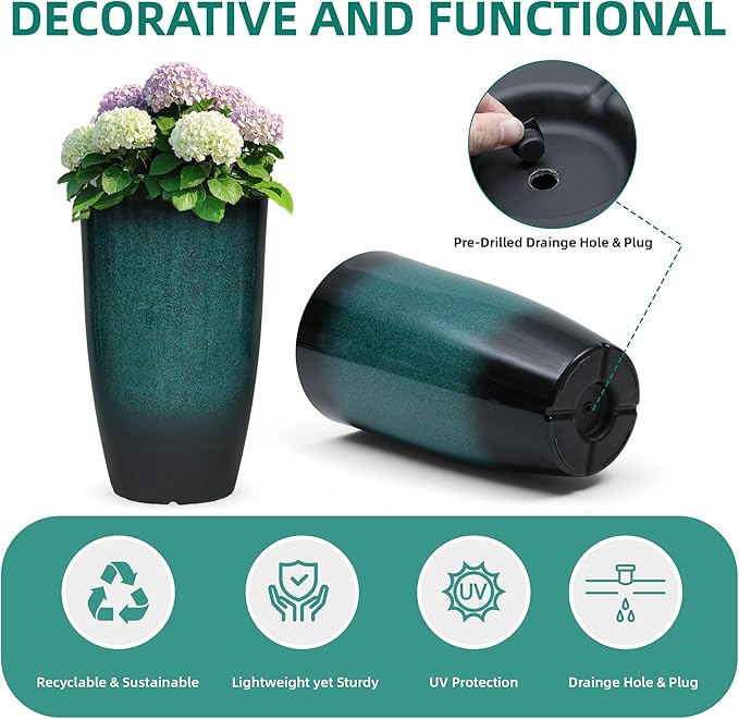 Tall Outdoor Planters, Set of 2 Large Flower Pots for Outdoor Plants, with Gradient Turquoise Finish, Weather-Resistant for Porch, Garden, Patio-Ruum Studio Home