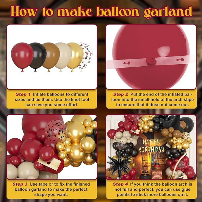 Amandir Magical School Balloons Arch Garland Kit, Maroon Burgundy Black Gold Confetti Balloons with Witch Hat Foil Star Balloon for Magic Themed Birthday Decorations Baby Shower Party Supplies-Ruum Studio Home