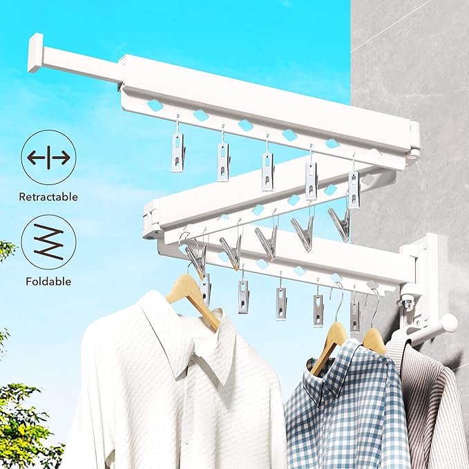 Wall Mounted Clothes Hanger,Clothes Drying Rack,Laundry Rack Wall Mount,Drying Rack Clothing,Clothes Rack Retractable,Collapsible(Tri-Fold), with Windproof Holes & Clips,White Color-Ruum Studio Home