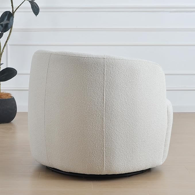 KINWELL 34" Wide Sherpa Swivel Barrel Chair, No Assembly Round Boucle Upholstered Accent Chair Armchair Single Sofa Chair with Toss Pillow for Living Room and Bedroom, Beige-Ruum Studio Home