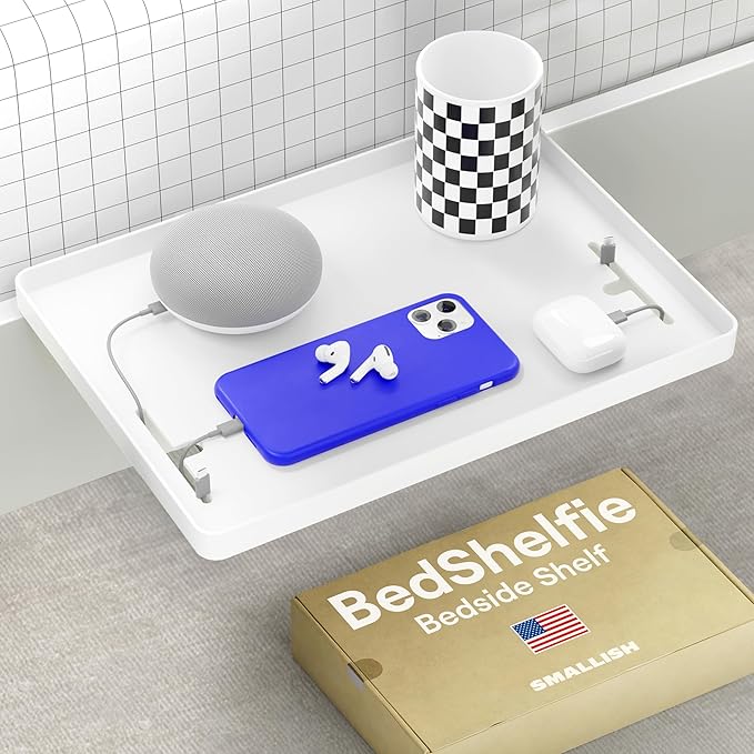 BedShelfie Bedside Shelf for Dorm Room Bunk Bed & Top Bunk, College Dorm Room Essentials, Bedside Caddy, Clip on Floating Desk Tray, Bed Side Table Storage, Loft Nightstand Decor - Cable Catch, White-Ruum Studio Home