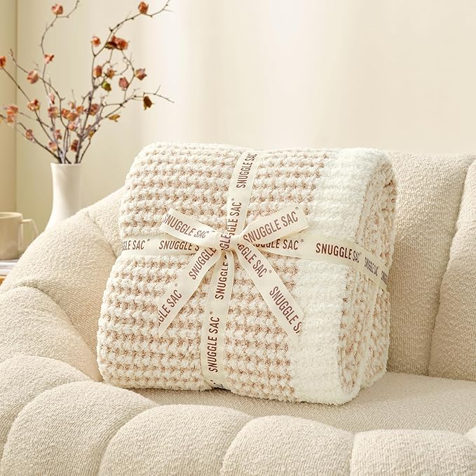 Snuggle Sac Cream Waffle Blanket for Couch Bed Sofa 60x80 inches, Reversible Beige Soft Throw Microfiber Fluffy Fuzzy Cozy Knit Twin Blanket for Women Mothers Birthday Gifts-Ruum Studio Home