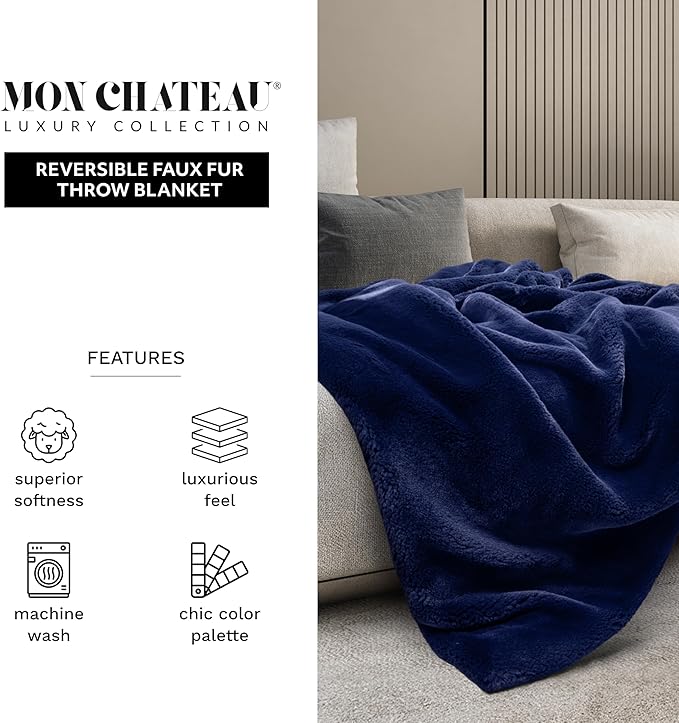 Mon Chateau Luxury Ultimate Plush Faux Fur Throw with 6cm Foldover for Couch, Sofa, or Bed - Plush Ultra Soft Blanket for Sleeping or Home Décor, 60" x 70"(Navy)-Ruum Studio Home