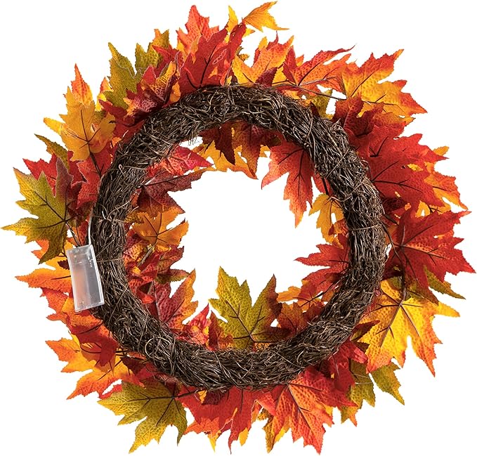 Glitzhome 24 Inch Pre-lit Fall Wreath, Autumn Wreath for Front Door, Lighted Maple Leaves Wreaths with Timer for Thanksgiving Halloween Christmas Wall Front Porch Home Decoration-Ruum Studio Home