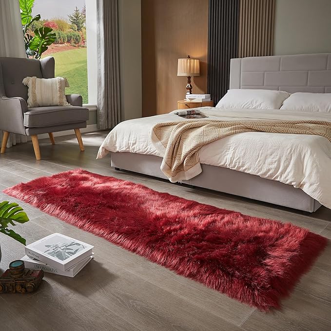 AMTOVO Faux Fur Rug, Burgundy Ultra Soft Fluffy Shag Sheepskin Rug, 2 x 6 ft Runner Area Rugs for Bedroom Sofa Throw Cushion Room Decor, Rectangle-Ruum Studio Home