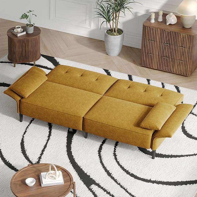 89” Futon Sofa Bed,Comfy Futon Couch Bed with 2 Square Pillows, Convertible Sleeper Sofa with Adjustable Backrest& Armrests, Modern Loveseat Sleeper for Living Room, Bedroom, Yellow-Ruum Studio Home