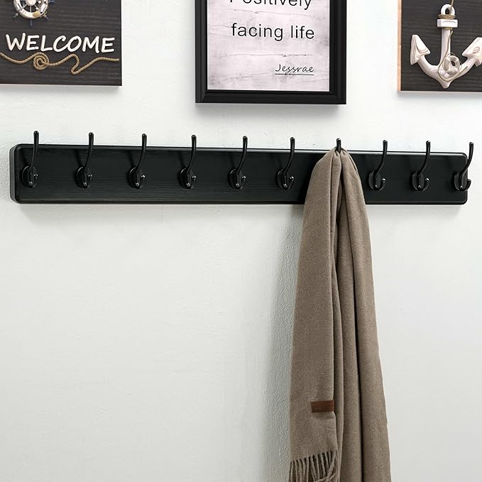 Dseap Wall Mounted Coat Rack: 38-1/4" Long, Patented, Heavy-Duty, 10-Double-Hooks Wooden Hanger Rail for Winter Coats, Hats, Jackets, Clothing - Black, Pack of 2-Ruum Studio Home