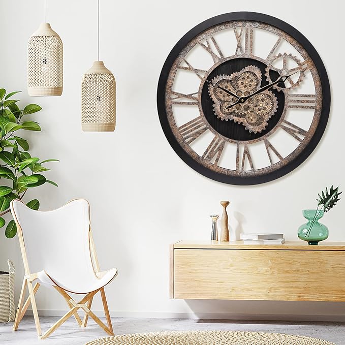 HOIBAI Wall Clock, Large Wall Clocks for Living Room Decor 18 Inch Battery Operated Silent Non-Ticking Modern Farmhouse Vintage Roman Big Wall Clock for Home Bedroom House, Moving Gears Clock-Ruum Studio Home