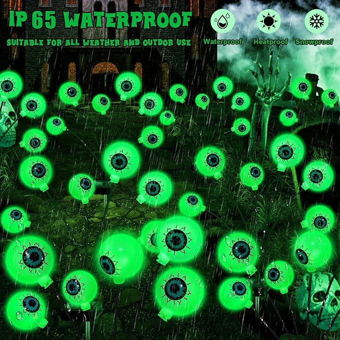 Solar Halloween Decorations, 4 Pack 24 LED Spooky Eyeball Lights, Outdoor Waterproof Solar Green Firefly Lights for Garden Yard Patio Pathway Lawn Halloween Party-Ruum Studio Home