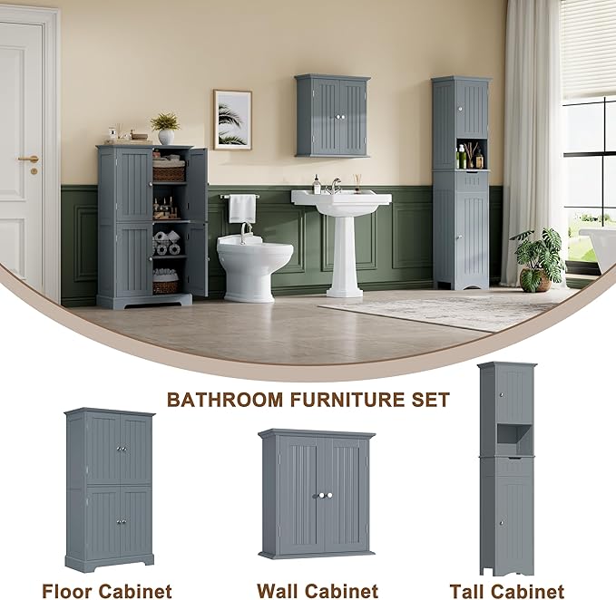 ChooChoo Bathroom Floor Cabinet, Modern Bathroom Storage Cabinet with 4 Doors and Adjustable Shelves, Freestanding Cupboard for Living Room, Grey-Ruum Studio Home