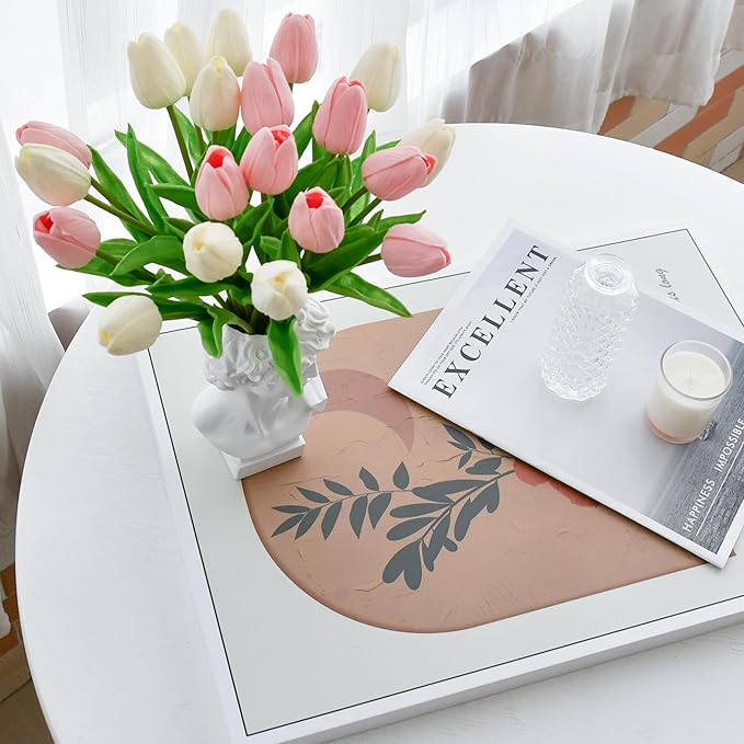 Mandy's Artificial Tulips 20 Stems White and Light Pink PU Faux Flowers for Wedding Home Decor 13.5 Inch-Ruum Studio Home