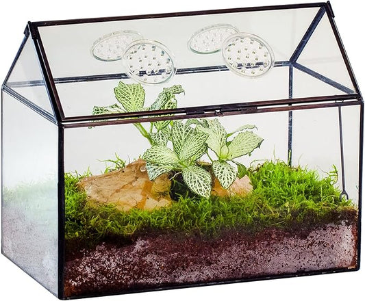NCYP Glass Terrarium with Lid and Air Holes for Snails, Succulents Plants, Small Cactus - 10.2" x 5.9" x 8.2" House Shape Geometric Clear Box, Indoor Tabletop Decor Black (Terrarium Only)-Ruum Studio Home