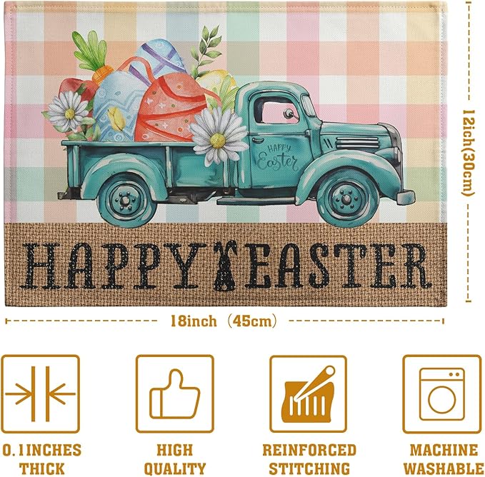 Happy Easter Placemats Set of 4 Pink Yellow Blue Buffalo Plaid Truck Eggs Daisy Easter Table Mats Spring Seasonal Linen Place Mat Washable Place Mats for Party Kitchen Dining Outdoor Indoor Decor-Ruum Studio Home
