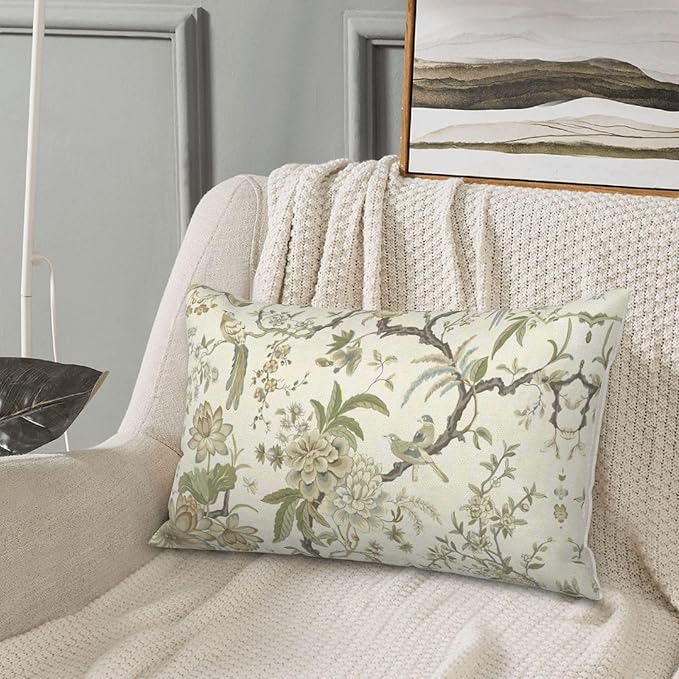 CXMEIFLY Spring Floral Birds Pillow Covers 12 x 20 Inch Set of 2 for Chinoiserie Flowers Decor Throw Pillows Sage Green Plant Outdoor Decorative Cushion Cases for Couch Bed Decorations-Ruum Studio Home