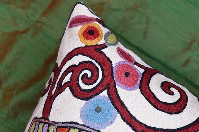 Cream Tree of Life Pillow Cover Birds White Floral Pillowcase Flower Accent Botanical Pillowsham Suzani Cushions Modern Plant Floral Cushion Hand Embroidered Wool Size 18x18-Ruum Studio Home
