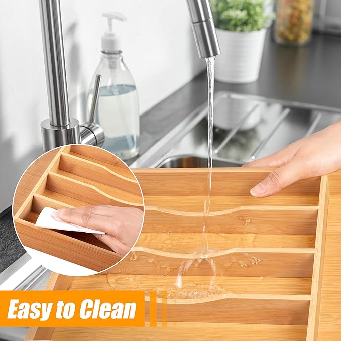 Bellsal Bamboo Silverware Drawer Organizer, Kitchen Utensil Drawer Organizers, 12"x15.7" Utensils Holder Cutlery Tray with Grooved Drawer Dividers for Kitchen Flatware Bedroom Office(7 Slot, Natural)-Ruum Studio Home