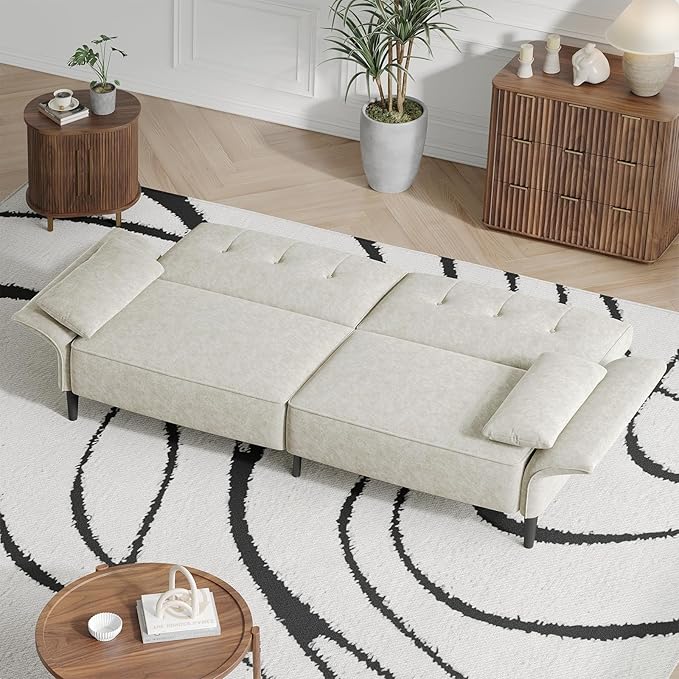 89” Futon Sofa Bed, Comfy Futon Couch Bed with 2 Square Pillows, Convertible Sleeper Sofa with Adjustable Backrest& Armrests, Modern Loveseat Sleeper for Living Room, Bedroom, White-Ruum Studio Home