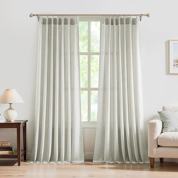 FMFUNCTEX Pinch Pleated Curtains 96 Inches Long for Living Room,Cream Beige Semi Sheer Faux Linen Textured Pleat Drapes for Bedroom with Hooks, Light Filtering Farmhouse Window Drapes 2 Panels-Ruum Studio Home