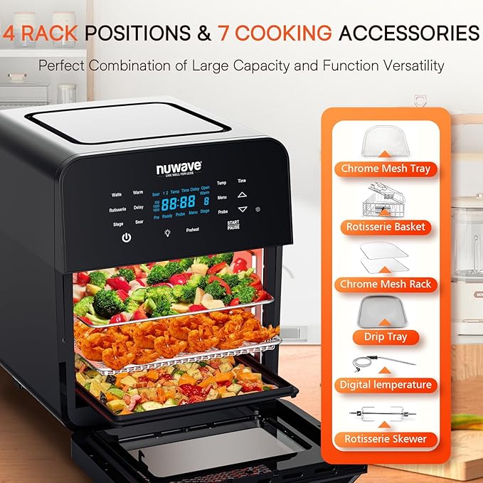 Nuwave Brio 15.5Qt 10-IN-1 Air Fryer Rotisserie Oven, XL Family Size, Even & Crisp AirFry, Reheat, Roast, Dehydrate for Quick Meals, 50°-425°F Control, 100 Presets & 50 Memory, Dishwasher-Safe, 1800W-Ruum Studio Home
