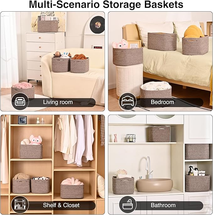 Storage Baskets for Shelves Organizing, Woven Cotton Rope Baskets for Storage, Book Basket, Decorative Shelf Basket, 12.5"Lx9.1''Wx7.9''H (4 Packs) Dark Brown-Ruum Studio Home