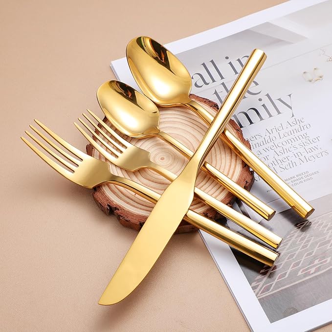 Mirror Silverware Set Gold Flatware Set with Hexagon Handle 20 Pieces 18/0 Stainless Steel Cutlery Set Wedding Housewarming Gift Service for 4 (Mirror gold)-Ruum Studio Home